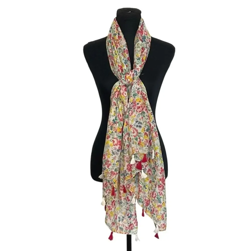 Women’s Floral Tassel Scarf Wrap Shawl White Pink Yellow Blue 33x72 Lightweight